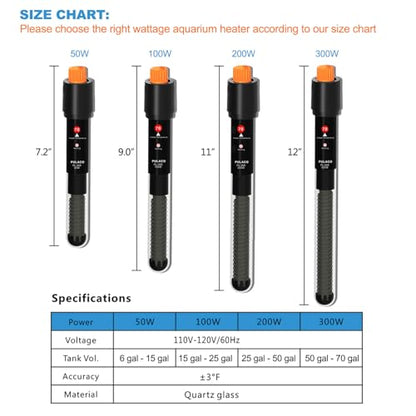 PULACO 200Watt Aquarium Heater for 25-50 Gallon Fish Tank, Adjustable Submersible Heater Thermostat with Thermometer Strip and Suction Cup