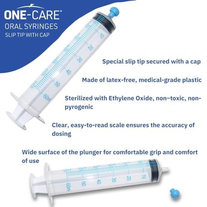 ONE-CARE 60ml Oral Syringe with Cap - Sterile, Individually Wrapped - 25 Syringes/box (25 Pack), Slip Tip, Syringe for Liquid, Versatiie use - size: 60ml