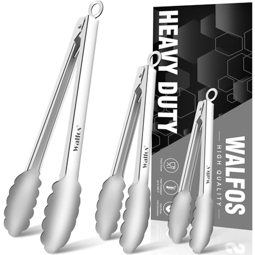 Walfos Kitchen Tongs for Cooking, 600℉ Heat Resistant Stainless Steel Tongs, All Metal Heavy Duty Tongs For Food ,BBQ Grilling - 7 ，9 and 12 Inch ,Set of 3 - color: All Metal, size: 7+9+12 Inch