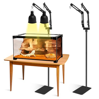 Dual Arm Reptile Lamp Stand, Adjustable Height 15.7-74.3 in, Holds 2 Dome Lampshades or Heat Fixtures, for Bearded Dragon, Turtle, Snake, Lizard,Chicken Tank Glass Terrarium