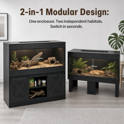 Cushore Double 4x2x2 Reptile Enclosure with Stand, Solid Wood 120 Gallon Reptile Terrarium, Bearded Dragon Tank Stand with Sliding Door and 2 Cabinets for Snake, Lizard, Crested Gecko, Black