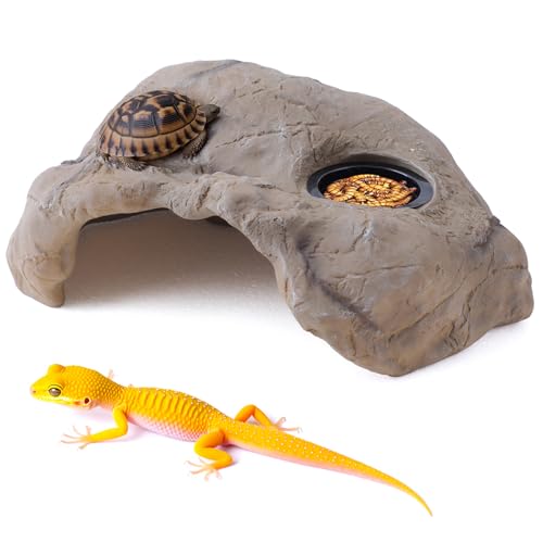 Hide Resin Cave Shelter for Ball Python, Lizard, Leopard Gecko, Bearded Dragon, Terrarium Habitat Decoration (Faux Mud Color with Feeding Ledge, Large) - color: Faux Mud Color with Feeding Ledge, size: Large