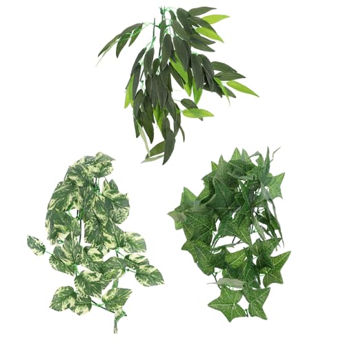 BESPORTBLE 3pcs Reptile Terrarium Artificial Vine Plants with Suction Cups, Green Leaves 12-inch and 30cm Set, Decorative Habitat Accessories for Lizards, Geckos, Snakes