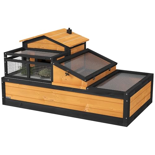 PawHut 3- Room Tortoise House Habitat with Balcony & 2 Stories, Indoor/Outdoor Wooden Tortoise Enclosure with Ladder, Tray, Openable Roof, Large Reptile Cage, 44" x 25.5" x 23", Yellow - color: Yellow