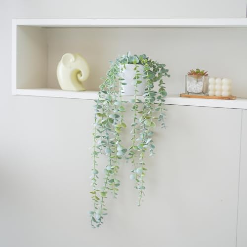 Faux Ivy Eucalyptus Vine Fake Hanging Plants in White Pot, Medium | Decorative Hanging Plants, Fake Greenery, For Shelf - size: Medium