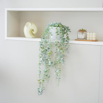 Faux Ivy Eucalyptus Vine Fake Hanging Plants in White Pot, Medium | Decorative Hanging Plants, Fake Greenery, For Shelf - size: Medium