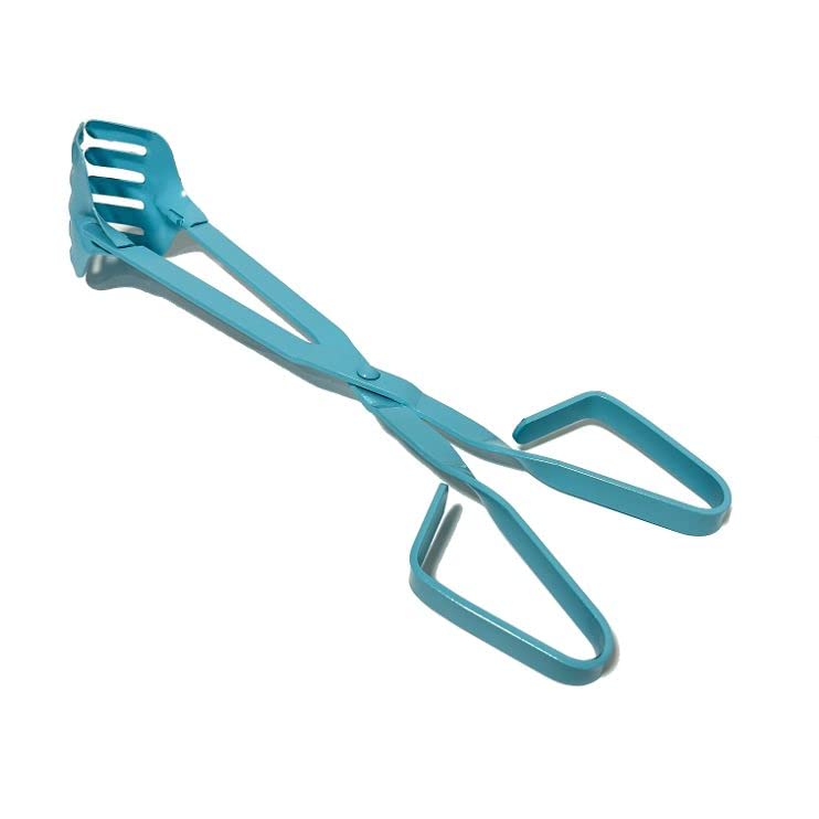 Handy Crab Tong Keeps your fingers safe and out of harm's way. Perfect for anyone who loves crabs but fears their pincers, 15'' long aqua blue enamel.