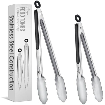 Hotec Stainless Steel Kitchen Tongs, Set of 2-9" and 12", Locking Metal Food Tongs for Cooking, Serving, BBQ, Grill Non-Slip Grip - size: 2pack: 9+12inch