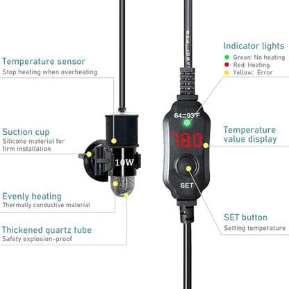 Mini Submersible Aquarium Heater, 25/50/100/150/200/300 Watts Adjustable Fish Tank Heater, Built-in Thermometer, External Temperature Controller, Smart Memory (10 Watts(USB)) - size: 10 Watts(USB)