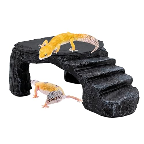 Reptile Basking Platform, Turtle Basking Platform Leopard Gecko Tank Accessories Reptile Hide with Rock Plate for Lizard, Crested Gecko (Medium-Grey) - style: style 1
