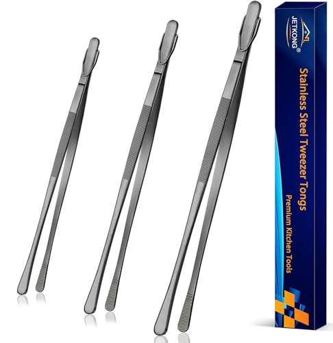 JETKONG 3 Pcs Extra Long Kitchen Tweezers 9 12 14 Inch Heavy Duty Stainless Steel Cooking Tweezers (Round Tips, Black) - color: Black, size: Round Tip-9 12 14