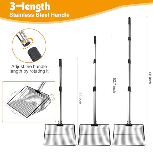 Leimaq Chicken Poop Scooper, Large Metal Chicken Coop Scoop for Stand with Adjustable Stainless Steel Long Handle, Litter Sifting Shovel for Chicken Coop and Pet Waste Cleaning