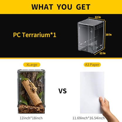 Reptile Tall Terrarium,11 Gollon Vertical PC Terrarium,12"x12"x18" Habitat Enclosure with Front Openning Door and Top Screen Ventilation for Geckos, Snakes,Tree Frogs,Chameleon,Bearded Dragons