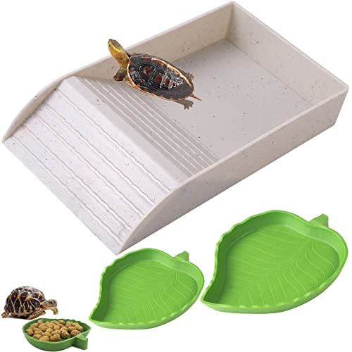 3pcs Tortoise Food Dish with Ramp and Basking Platform Leaf Tortoise Water Food Bowls Reptile Water Dish Turtle Reptile Pool for Amphibians Gray - color: Gray Imitation Granite