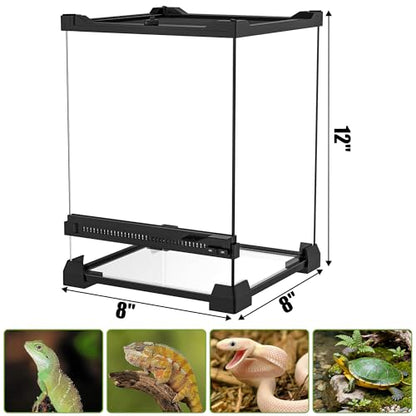 Reptile Terrarium 8"x8"x12" Mini, Front-Opening Glass Tank with Mesh Lid & Lock, 360° Glass Enclosure for Small Reptiles, Frogs, Tarantulas, Jumping Spiders & Geckos - size: 8" x 8" x 12"