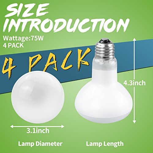 LUCKY HERP 4 Pack 75W Reptile Heat Lamp Bulb (2nd Gen), Amphibian Basking Light Bulb, Reptile Daylight Bulb for Turtle, Bearded Dragon, Lizard Heating Use - size: 75