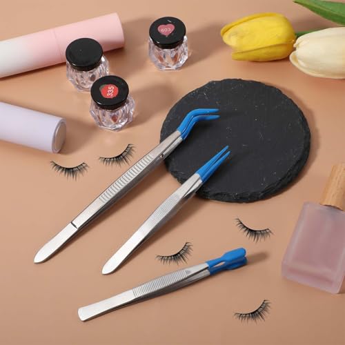 3 PCS Tweezers with Rubber Tips PVC Coated Set Precision Rubber Straight Flat Tip Long Bent Tweezers for Crafts Stamps Beads Jewelry, Blue