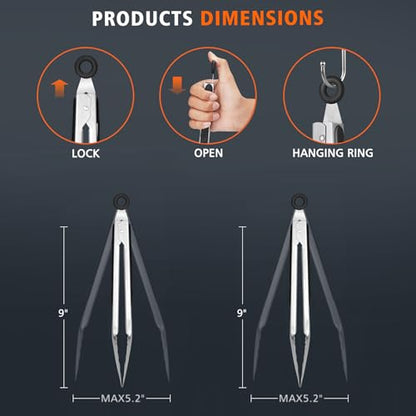 Hotec Stainless Steel Kitchen Tongs, Set of 2-9", Locking Metal Food Tongs for Cooking, Serving, BBQ, Grill Non-Slip Grip - size: 2pack: 9inch