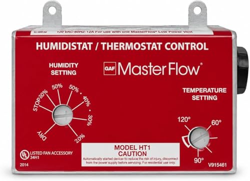 Master Flow GAF Adjustable Humidistat & Thermostat Combo for Power Vents & Fans | Controls Attic Moisture & Heat Buildup | Adjustable for All Climates | Universal Compatibility | UL Listed - HT1 - style: Humidstat & Thermostat