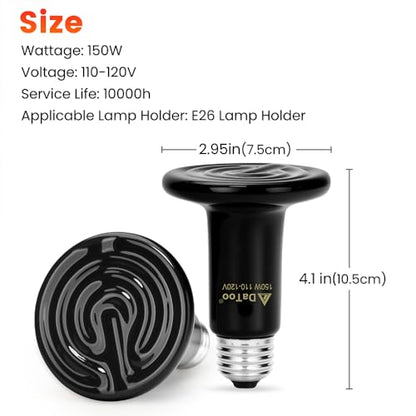 DaToo Ceramic Reptile Heat Lamp 150W Ceramic Heat Emitter E26 No Light Night Heat Bulb for Reptile Terrarium Tank Lizards Snakes Hedgehogs Turtles Cats Dogs Chicken（2 Pack） - size: 2 Pack