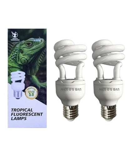 2 Pack E26 5.0 UVA UVB Reptile Light Bulb, 13W UVB Light Tropical Compact Fluorescent Terrarium Lamp for Chameleon Iguana Turtle Gecko Frog Snake