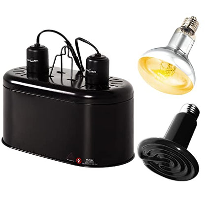 REPTI ZOO Dual Reptile Light Fixture, Reptile Heat Lamp Combo Pack Include 100W Full Spectrum UVA UVB Light Basking Spot Lamp Bulb & 100W Ceramic Heat Emitter Heating Bulb