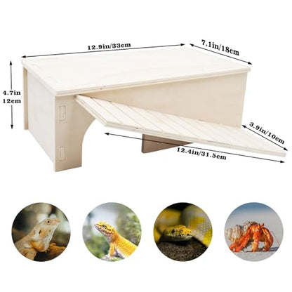 2-in-1 Wooden Hide Cave with Ramp & Basking Platform – Reptile Hideout & Tank Accessory for Bearded Dragons, Geckos, Snakes - size: Large
