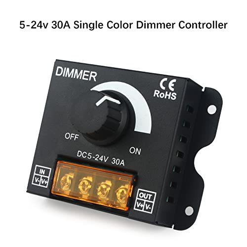 RGBZONE Single Color LED Light Strip Dimmer, DC 5V/12V/24V 30A PWM LED Dimming Controller, Knob Adjust Brightness ON/Off Switch for Single Channel Light Strips - color: Solid Color