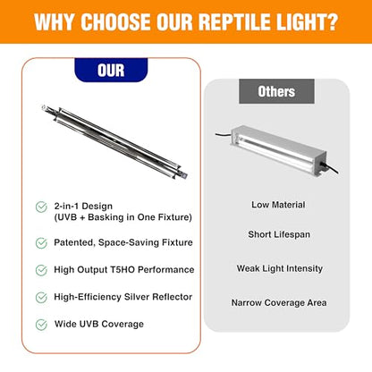 T5HO Single 22” UVB Reptile Light Fixture 24w, Bearded Dragon and Reptile Terrarium Light Fixture