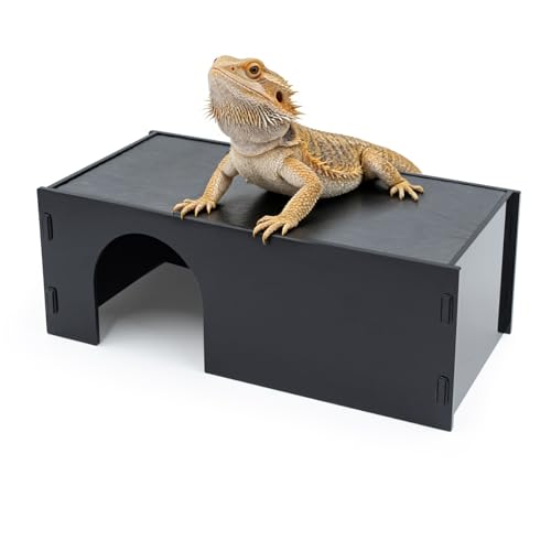 2-in-1 Bearded Dragon Basking Platform with Hideout, Slate Rocks for Reptiles with Black Acrylic Base, Leopard Gecko Hides and Caves, Reptile Tank Accessories for Geckos, Ball Pythons, Tortoise