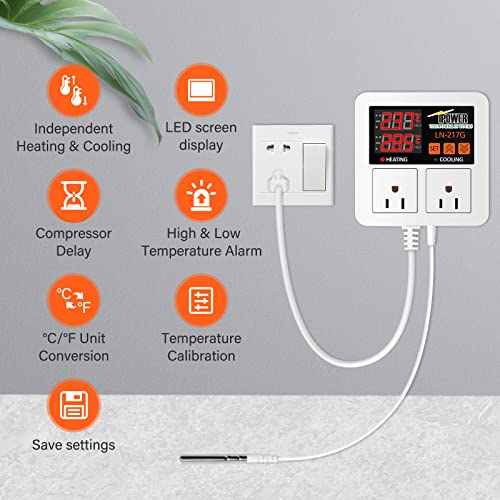 iPower Professional Digital Heating and Cooling Thermostat Controller for Seed Germination, Reptiles and Brewing Breeding Fermenter Greenhouse, Grow Tent, 1200W-White - size: 1200W-White, style: 1 Pack