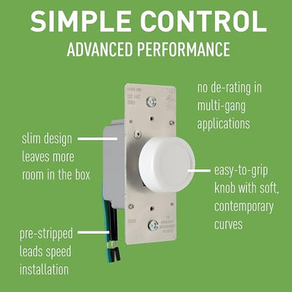 Legrand Pass & Seymour 600W Preset Rotary RFI Lighted Dimmer Light Switch, For Home Lighting & Ambient Mood Control, Incandescent & Halogen Bulbs, Single Pole, R600PLTKV, White, 1 Count