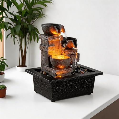 MAOCHI Indoor Fountain 3-Bowl Rockery Soothing Sound Tabletop Fountains Home/Office Decor with Natural River Rocks LED Lights Automatic Watering Pump(22044A) - color: 3-bowl Rockery