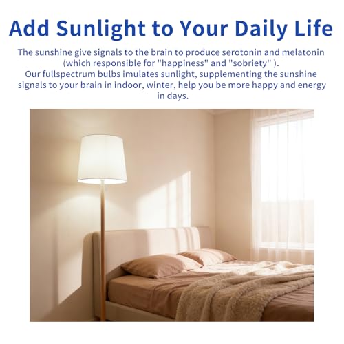 3PK Full Spectrum Light Bulbs, 9W, 6000K Natural Light That Mimic Sunlight, Boosts Mood, Energy, Focus, A19, Sunlike Happy Light Bulbs with E26/27 Base for Most Lamps - size: 3PK