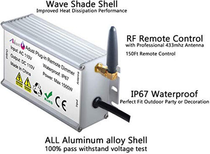 Outdoor Dimmer for String Lights 1500W, IP67 Waterproof/150FT Range/Timer Control/3 Prong Outlet for Outdoor LED String Lights & Incandescent Bulbs, Wireless RF Remote Plug-in Dimmer Switch