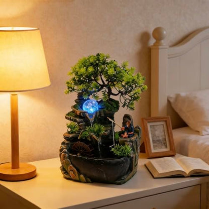 11.81in Rockery Tabletop Fountain Indoor Waterfall Fake Bonsai Desk Decor | Feature Mini Water Fountain Desktop Decor Humidifier with Pump and LED Light, Home Office Bedroom Relaxing (No Atomizer)