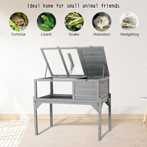 Tortoise Habitat Indoor Outdoor with Detachable Legs, Wooden Tortoise Enclosure Turtle Cage with Observation Windows, Large Reptile House for Small Animals Like Lizards Geckos 30.7''x 29.5 ''x 70.9''