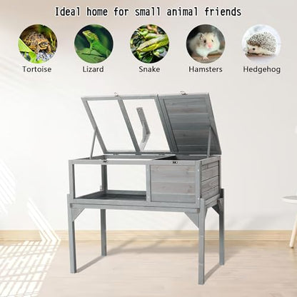 Tortoise Habitat Indoor & Outdoor, Wooden Tortoise House with Detachable Legs, Reptile Cage for Small Animals,Non Leak Waterproof Tray