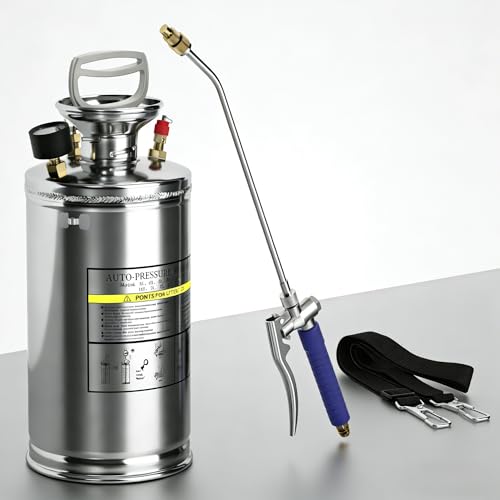 1 Gallon Hand Pump Sprayer, 304 Stainless Steel Garden Chemical Sprayer with Pressure Gauge, Adjustable Nozzle, 13" Sprayer Wand, 3.3ft Hose & Safety Valve