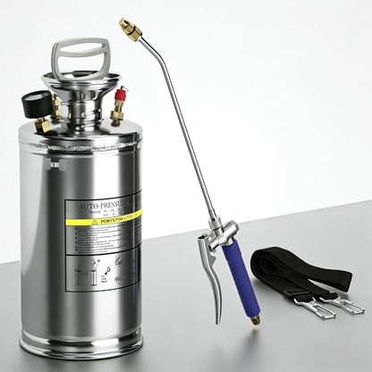 1 Gallon Hand Pump Sprayer, 304 Stainless Steel Garden Chemical Sprayer with Pressure Gauge, Adjustable Nozzle, 13" Sprayer Wand, 3.3ft Hose & Safety Valve