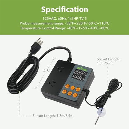 BN-LINK Digital Temperature Controller Heating Cooling 2-Stage Outlet Thermostat Controller Plug for Reptiles Aquarium Carboy Homebrew Breeding Fermenter Seed Germination °C/°F -40-176°F 15A/1875W - style: T9