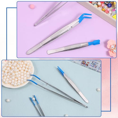 Fibraze 3 Pcs Rubber Tipped Tweezers, PVC Coated Set Long Tweezers for Crafts Straight Flat Tip Long Bent Tweezer for Crafting Stamps Beads Jewelry Blue