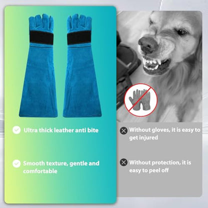 23.43inch Animal Handling Gloves, Animal Control Gloves Bite Resistant Snake Proof Cowhide Reinforced Leather Protection Dog Training Glove for Cats Scratch Reptiles Birds Falcon Grabbing - color: Blue（23.43"）