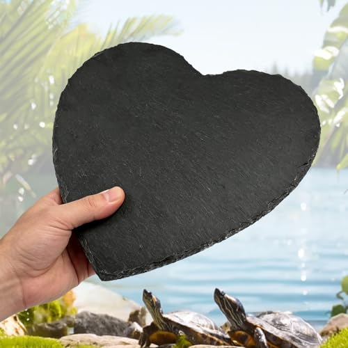 Tortoise Habitat Accessories, 8" x 7.8" Reptile Basking Platform Rock Plate, Heart Shape Natural Rock Reptile Food Dish, Habitat Decor for Turtle Bearded Creature Chameleon Frog Gecko Hermit Crab