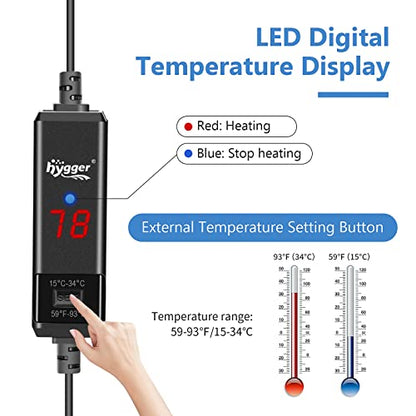hygger Small Aquarium Betta Heater, Submersible Fish Tank Heater 10W/25W/50W/100W with LED Digital Display, Suitable for Marine Saltwater and Freshwater up to 5/10/16/26 Gallon - size: 100W
