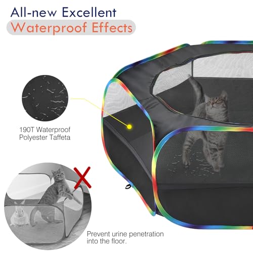 Pawaboo Small Animals Playpen, Waterproof Small Pet Cage Tent with Zippered Cover, Portable Outdoor Yard Fence with 3 Metal Rod for Chick/Kitten/Puppy/Guinea Pig/Rabbits/Hamster, Black + Rainbow - color: Black + Rainbow