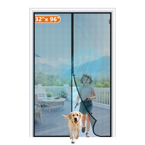 MAGZO Magnetic Screen Door Fits Door Size 32" x 96", 34" x 97" Hands-Free Mesh with Strong Magnet & Windproof Fastener, Pet Friendly Screen for Standard Interior Entrance, Black - size: Fit Door Size 32 x 96 Inch