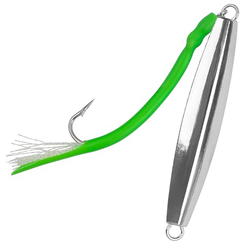 Diamond Jigs Saltwater Fishing Lures,Casting Jigging Spoon with Split Tube Tail Stainless Steel Hook Metal Jig Spoon Baits for Deep Sea Offshore Surf Fishing Bottom Sinking - color: Green-1pc, size: 4oz