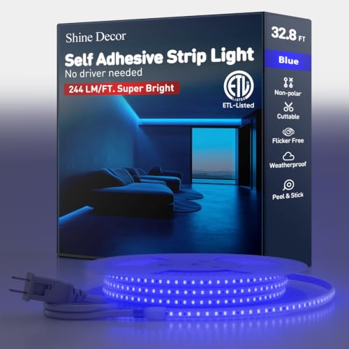 Shine Decor LED Strip Light Super Bright, Plug&Play 120V Driverless Easy Wiring, Flicker Free Weatherproof for Outdoor Indoor, Min. 3.9” Cuttable Stickable, Blue 32FT ETL Listed - color: Blue, size: 32.8 Ft