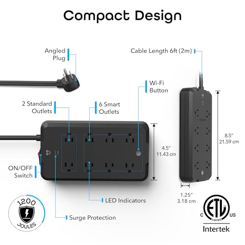 Geeni Surge Ultra Smart 8-Outlet Surge Protector – 6 Smart Outlets, 2 Always-On Outlets, 6 ft Cord, WiFi & Voice Control with Alexa/Google, 1200 Joules Protection, No Hub, Black